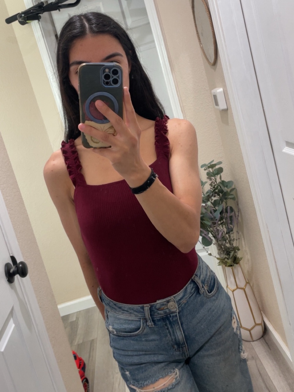 Hollister maroon color bodysuit with ruffle straps